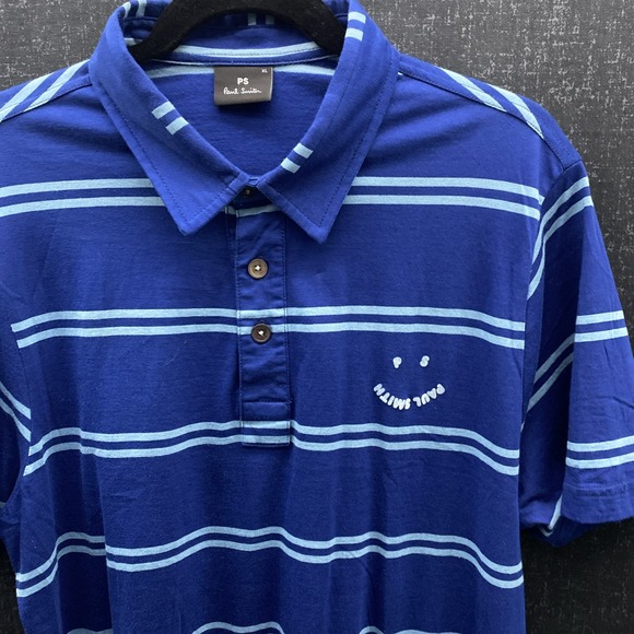 Paul Smith Blue Striped Polo  Size XL PS Short Sleeve Smile Upside Down  Logo - Picture 1 of 13